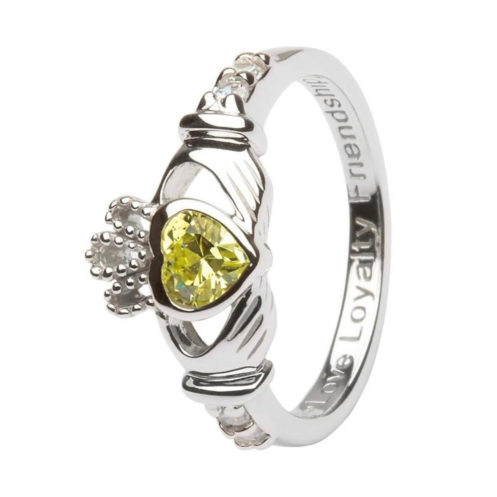 Engraved Sterling Silver & Peridot Claddagh Ring
